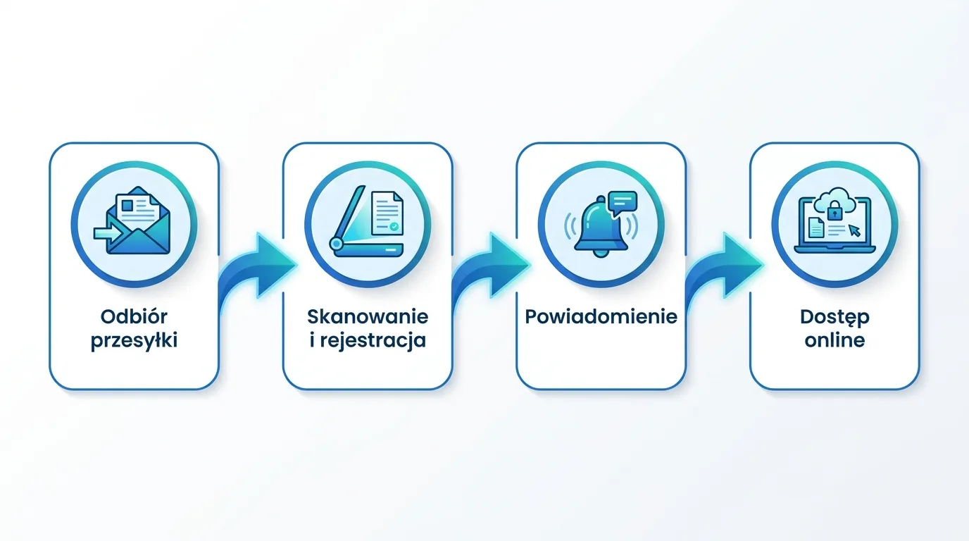 Schemat obsługi korespondencji w wirtualnym biurze: odbiór przesyłki, skanowanie i rejestracja, powiadomienie oraz dostęp online