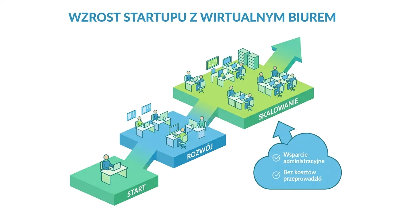 Diagram skalowania startupu z wirtualnym biurem: etapy Start, Rozwój i Skalowanie bez kosztów przeprowadzki