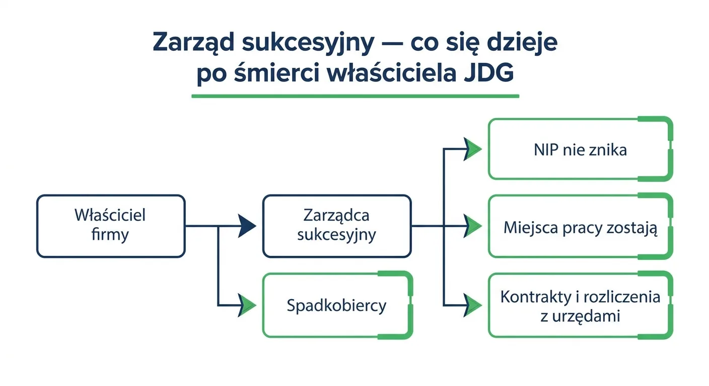Schemat procesu zarządu sukcesyjnego: po śmierci właściciela zarządca sukcesyjny utrzymuje NIP, miejsca pracy oraz kontrakty w imieniu spadkobierców