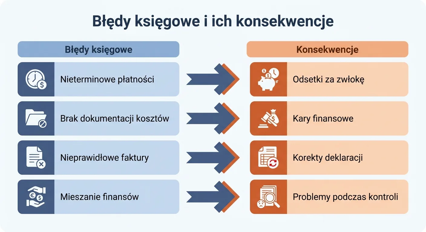 Schemat pokazujący najczęstsze błędy księgowe i ich konsekwencje, takie jak odsetki, kary finansowe i korekty deklaracji
