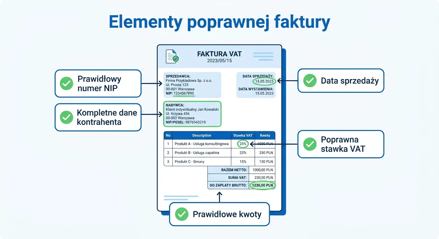 Schemat prezentujący elementy poprawnej faktury: prawidłowy numer NIP, datę sprzedaży, poprawną stawkę VAT, dane kontrahenta i prawidłowe kwoty
