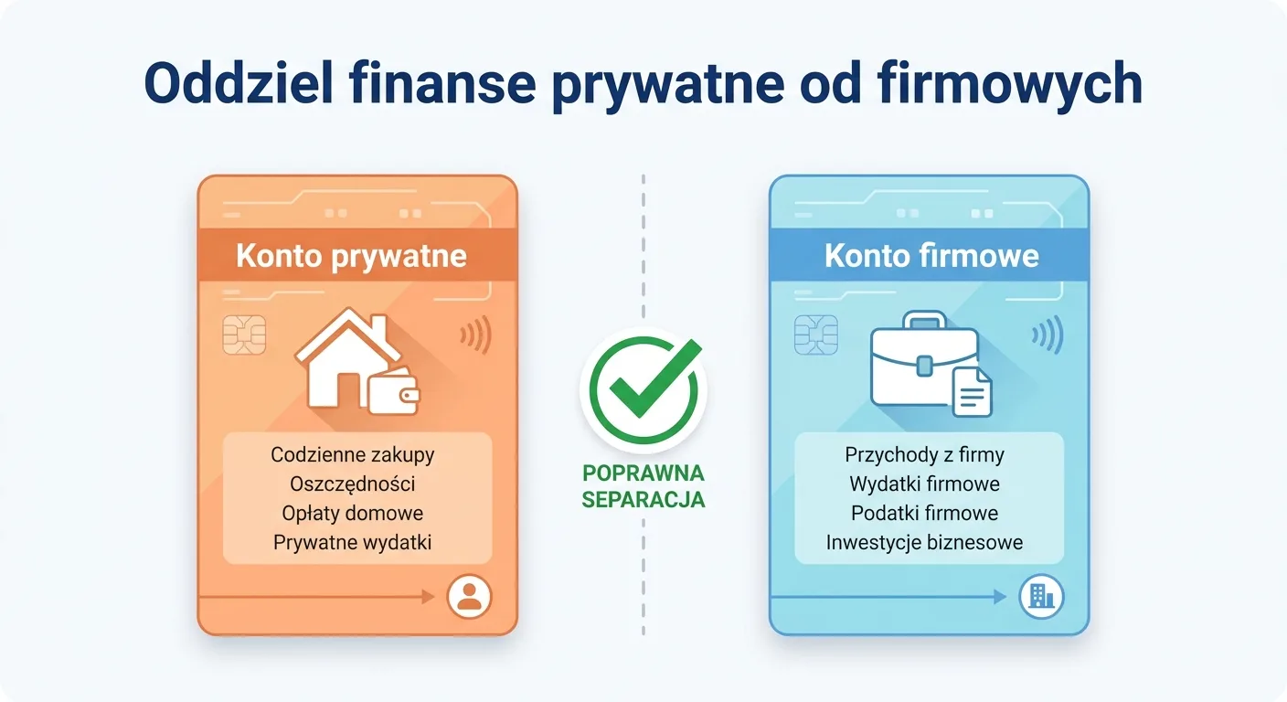 Diagram porównujący konto prywatne i konto firmowe, ilustrujący oddzielenie finansów osobistych od firmowych