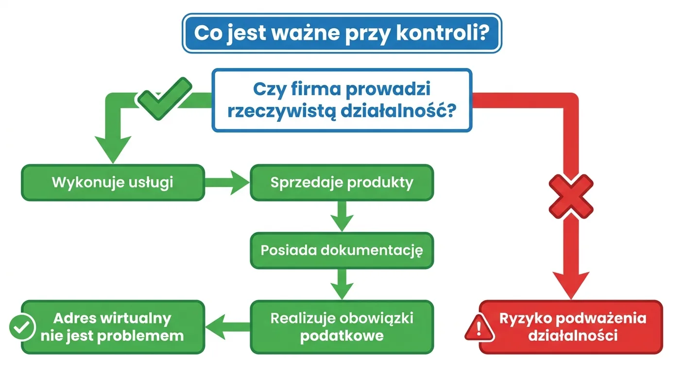 Schemat pokazujący, że przy kontroli skarbowej najważniejsze jest prowadzenie rzeczywistej działalności: wykonywanie usług, sprzedaż produktów, posiadanie dokumentacji i realizacja obowiązków podatkowych