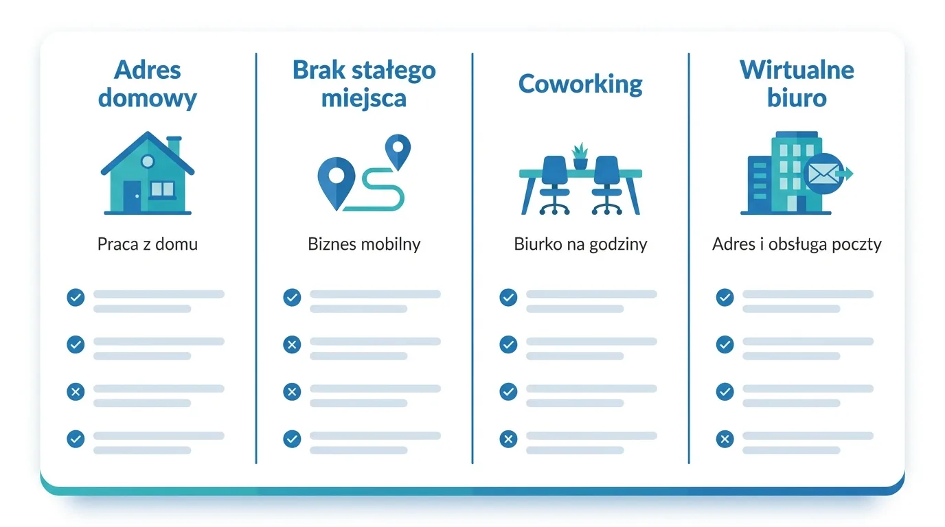 Porównanie czterech rozwiązań adresowych dla firmy bez lokalu: adres domowy, brak stałego miejsca, coworking i wirtualne biuro