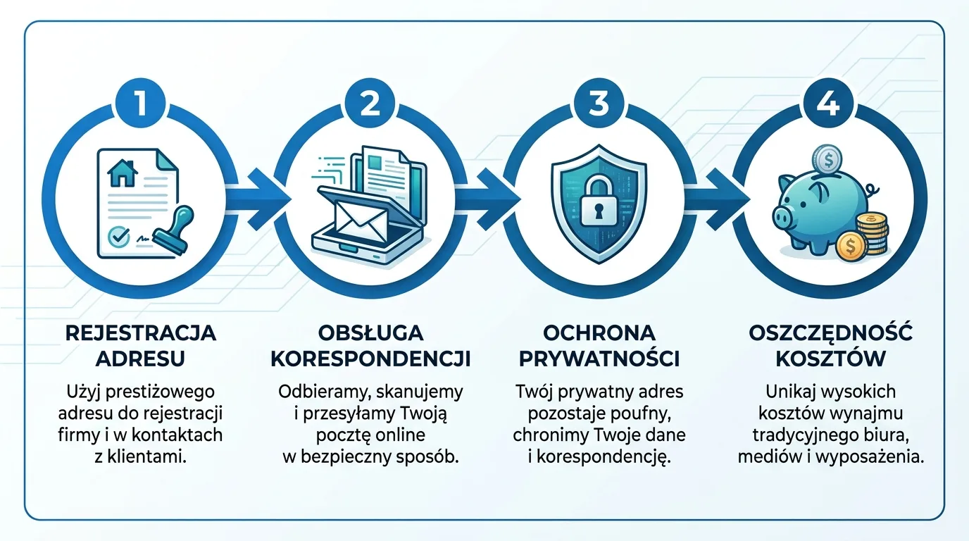 Schemat czterech kroków działania wirtualnego biura VirtOffice: rejestracja adresu, obsługa korespondencji, ochrona prywatności, oszczędność kosztów