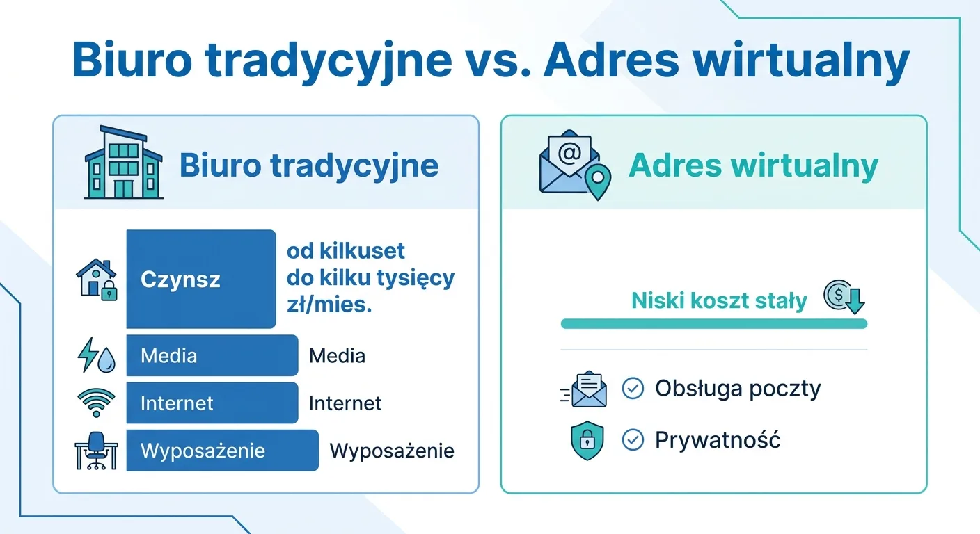 Infografika porównująca koszty tradycyjnego biura i adresu wirtualnego w Koszalinie
