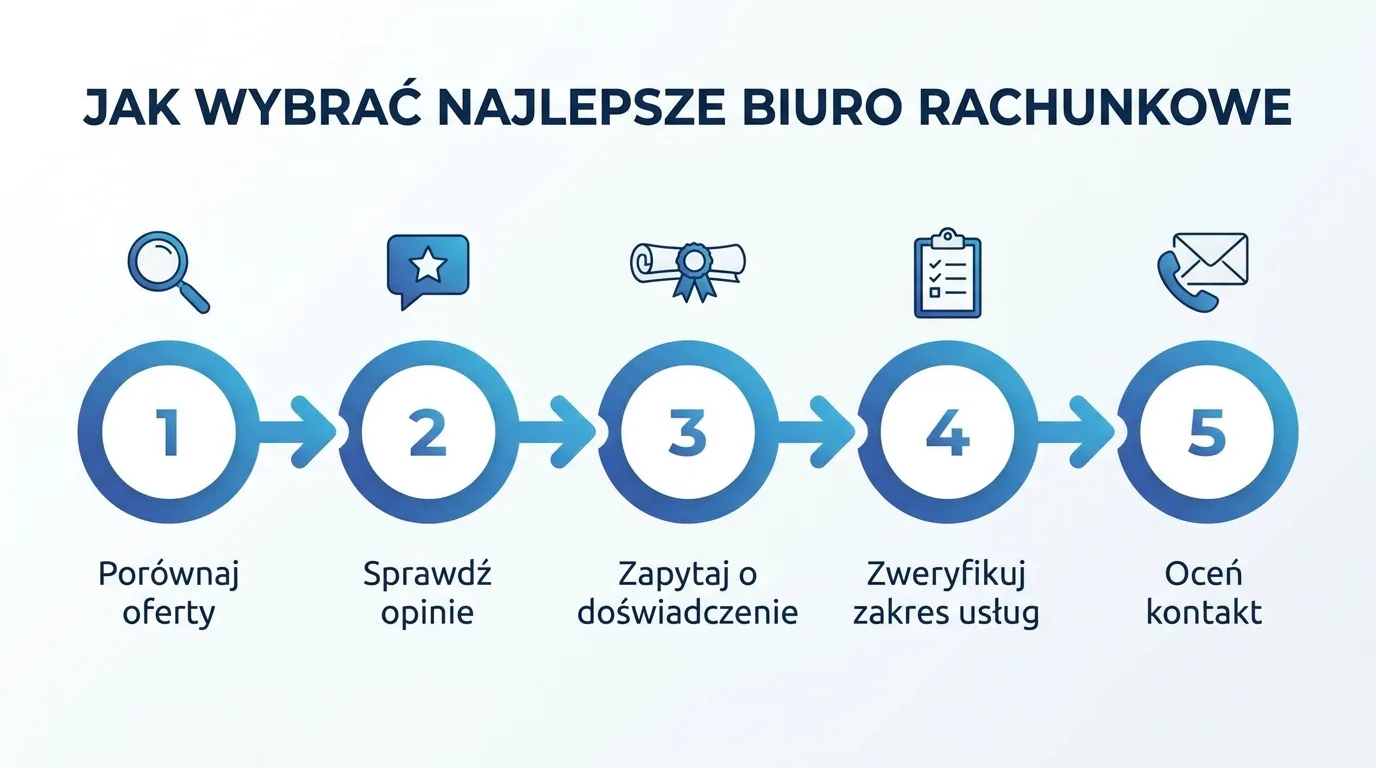 Pięć kroków wyboru najlepszego biura rachunkowego: porównanie ofert, opinie klientów, doświadczenie, zakres usług i jakość kontaktu