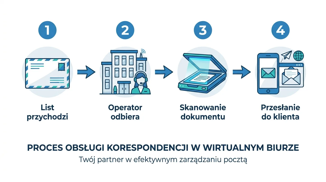 Proces obsługi korespondencji w wirtualnym biurze w czterech krokach: list przychodzi, operator odbiera, skanowanie dokumentu, przesłanie do klienta